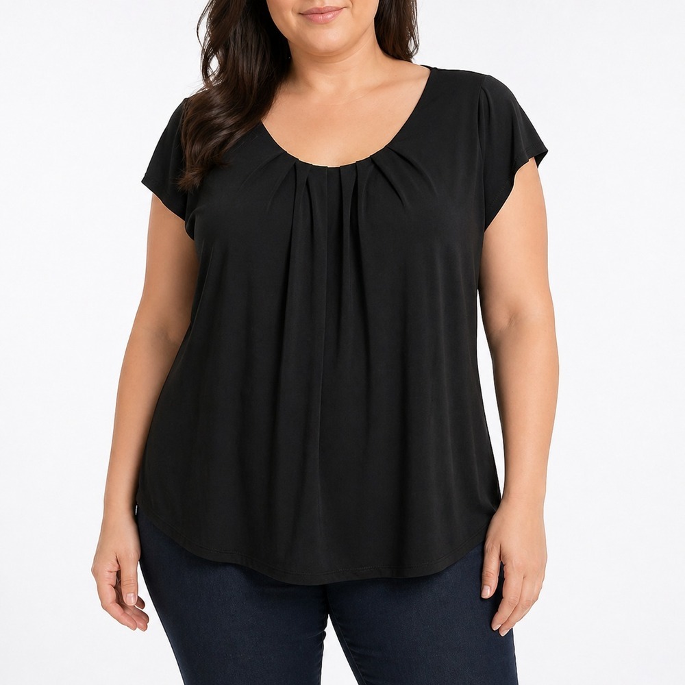 Worthington Basic Black Dress Shirt Blouse 1X Short Sleeve Pleated Stretch Flowy